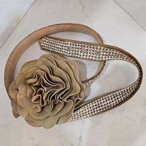 Neiman Marcus Belt Gold Rhinestone, S/M Tan Suede Leather Flower Buckle